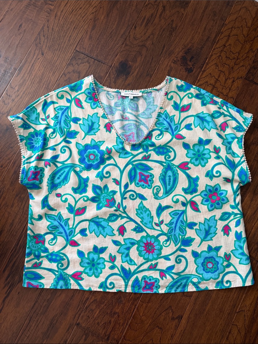 Bright Floral Linen V-Neck Top in Teal, Turquoise and pink. Worn once